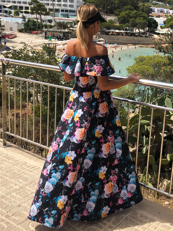 numoco Dlouhé šaty s volánky - černá + barevné květiny Numoco