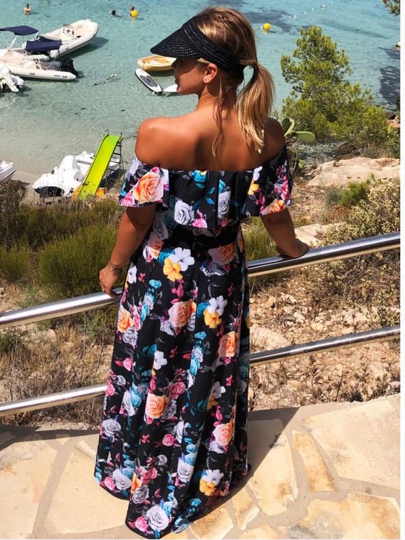 numoco Dlouhé šaty s volánky - černá + barevné květiny Numoco