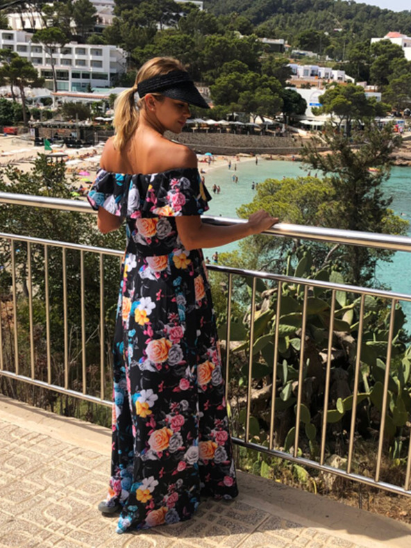 numoco Dlouhé šaty s volánky - černá + barevné květiny Numoco