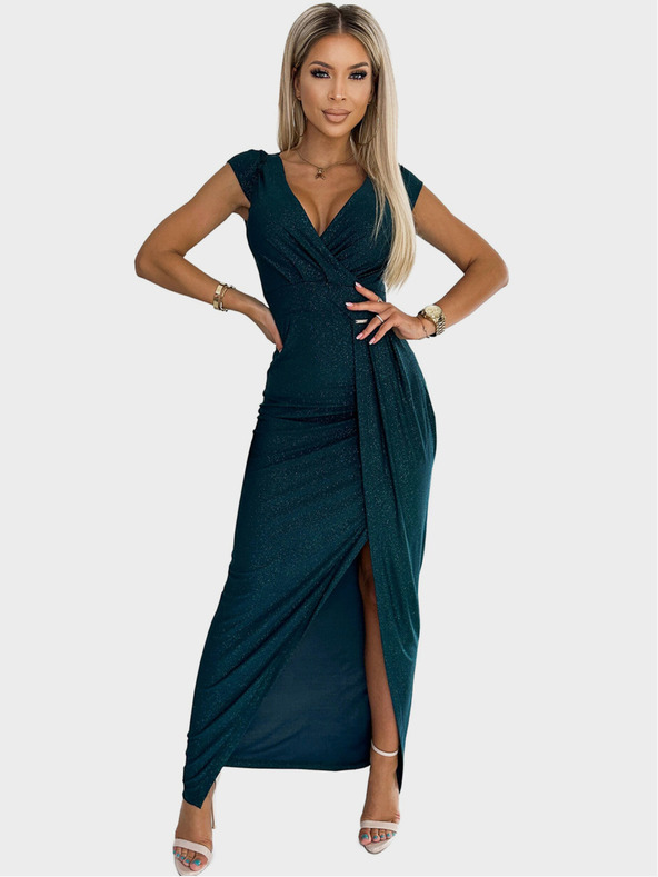 numoco Lesklé šaty s krátkým rukávem, výstřihem a rozparkem na nohavici - zelené Numoco