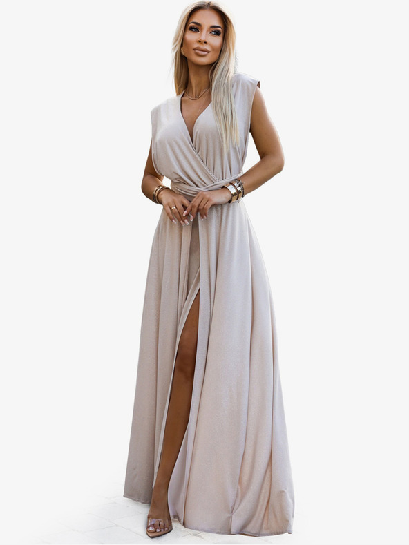 numoco Elegantní dlouhé šaty se zavazováním na mnoho způsobů - béžová se třpytkami Numoco