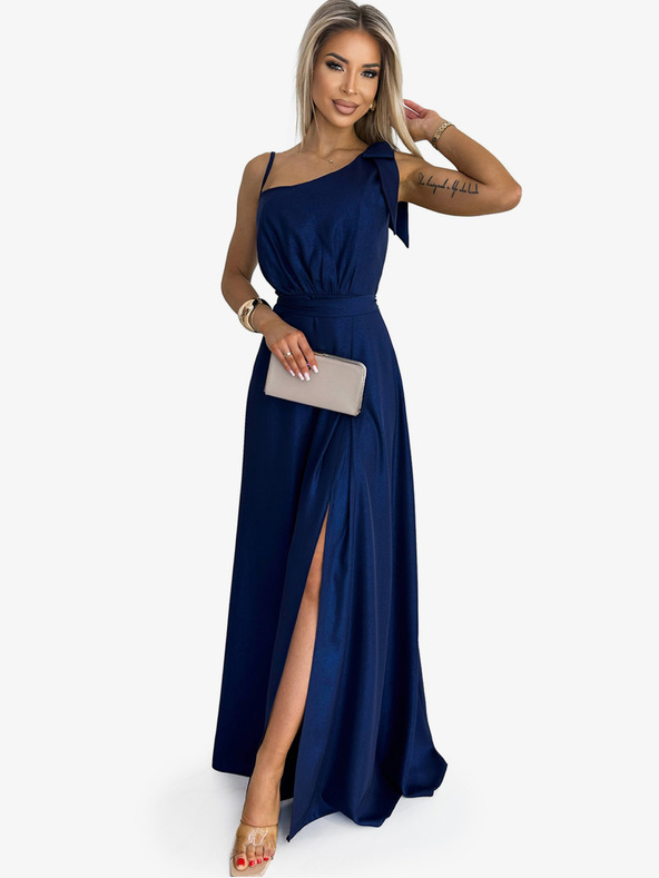 numoco Dlouhé lesklé šaty na jedno rameno s mašlí - tmavě modrá Numoco