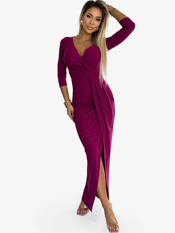 numoco Lesklé šaty s výstřihem a rozparkem na nohavici - fuchsiová se třpytkami Numoco