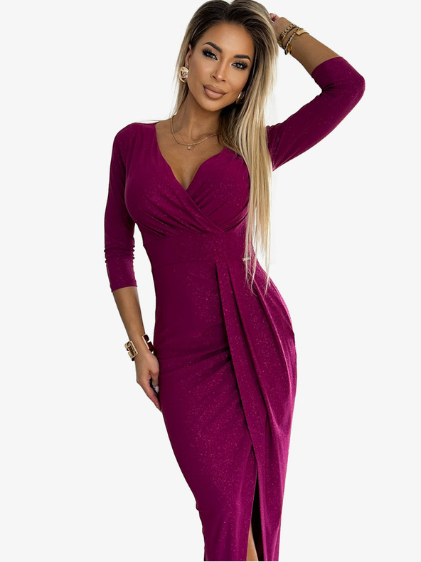 numoco Lesklé šaty s výstřihem a rozparkem na nohavici - fuchsiová se třpytkami Numoco