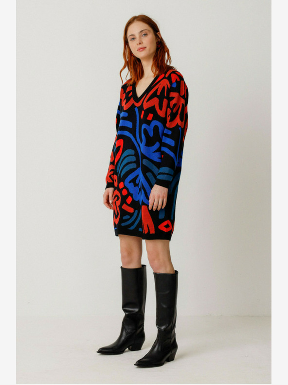 SKFK Modro-oranžové dámské vzorované svetrové šaty SKFK