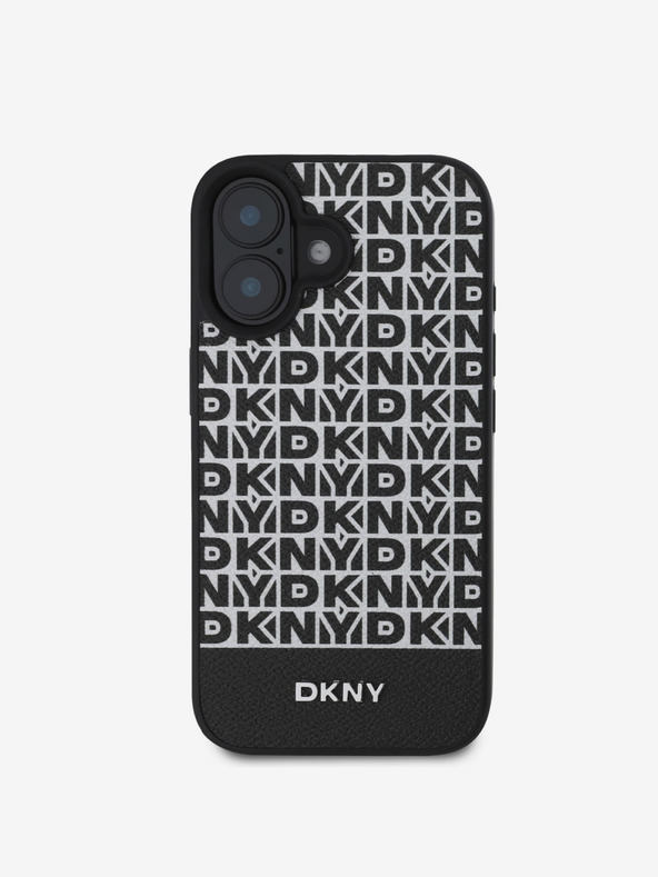 DKNY PU Leather Repeat Pattern Bottom Stripe MagSafe Zadní Kryt pro iPhone 16 Black Obal na telefon