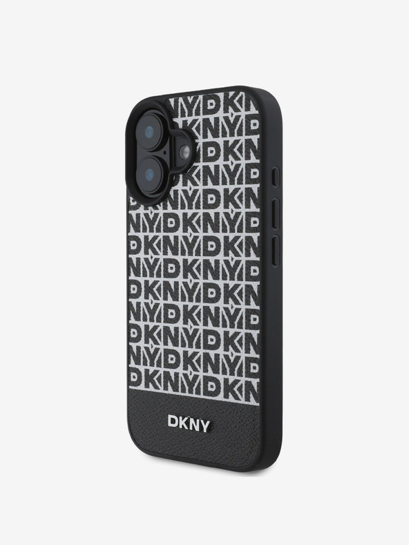 DKNY PU Leather Repeat Pattern Bottom Stripe MagSafe Zadní Kryt pro iPhone 16 Black Obal na telefon