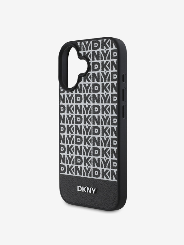 DKNY PU Leather Repeat Pattern Bottom Stripe MagSafe Zadní Kryt pro iPhone 16 Black Obal na telefon