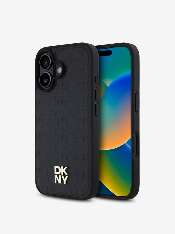 DKNY DKNY PU Leather Repeat Pattern Stack Logo MagSafe Zadní Kryt pro iPhone 16 Plus Black
