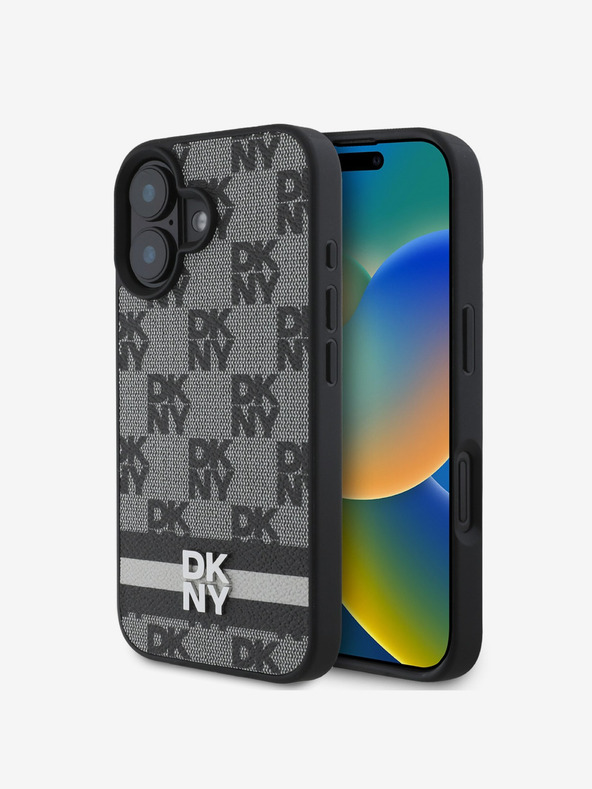 DKNY DKNY PU Leather Checkered Pattern and Stripe Zadní Kryt pro iPhone 16 Black