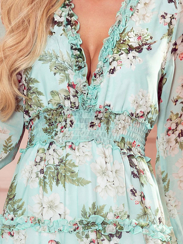 numoco Šifonové šaty s volánky a širokou gumičkou - květiny na zeleném pozadí Numoco