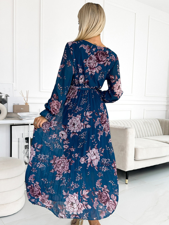 numoco Plisované šifonové dlouhé šaty s výstřihem, dlouhým rukávem a páskem - Modrá s květinami Numoco
