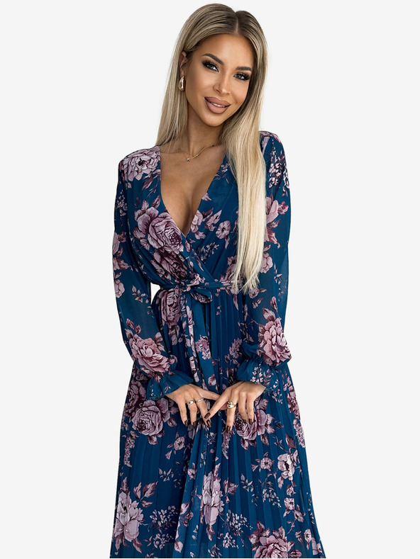 numoco Plisované šifonové dlouhé šaty s výstřihem, dlouhým rukávem a páskem - Modrá s květinami Numoco