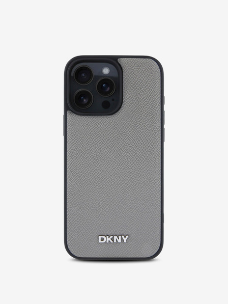 DKNY PU Leather Silver Metal Logo Magsafe iPhone 16 Pro Grey Obal na telefon