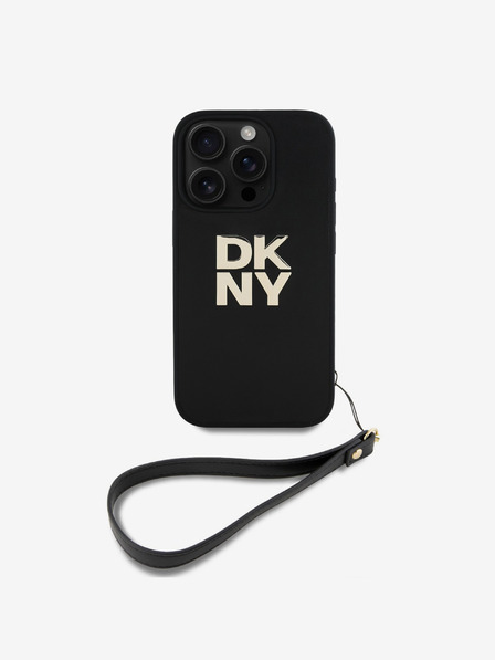 DKNY DKNY PU Leather Stack Logo Wrist Strap Zadní Kryt pro iPhone 16 Pro Black