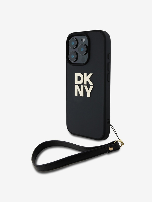 DKNY DKNY PU Leather Stack Logo Wrist Strap Zadní Kryt pro iPhone 16 Pro Black