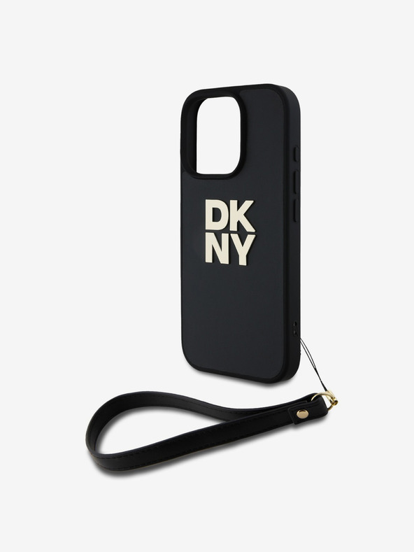 DKNY DKNY PU Leather Stack Logo Wrist Strap Zadní Kryt pro iPhone 16 Pro Black
