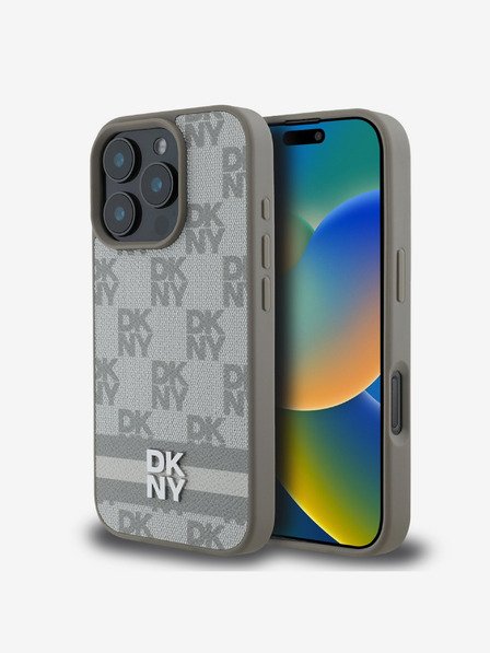 DKNY DKNY PU Leather Checkered Pattern and Stripe Zadní Kryt pro iPhone 16 Pro Beige