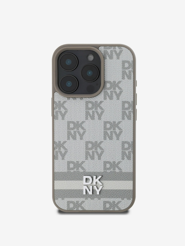 DKNY DKNY PU Leather Checkered Pattern and Stripe Zadní Kryt pro iPhone 16 Pro Beige