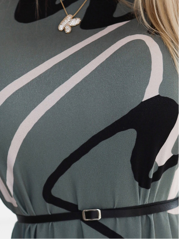 numoco Svetrové šaty s páskem - olivové s černo-béžovým vzorem Numoco