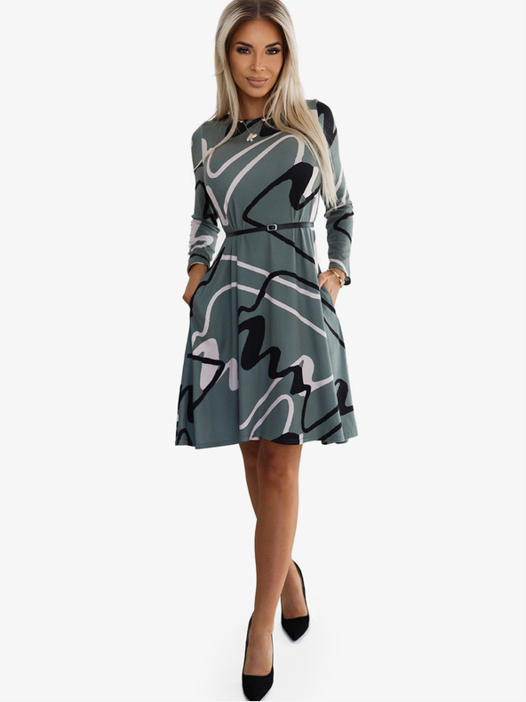 numoco Svetrové šaty s páskem - olivové s černo-béžovým vzorem Numoco