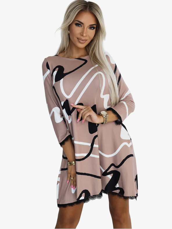 numoco Svetrové šaty s krajkou - béžové s černobílým vzorem Numoco