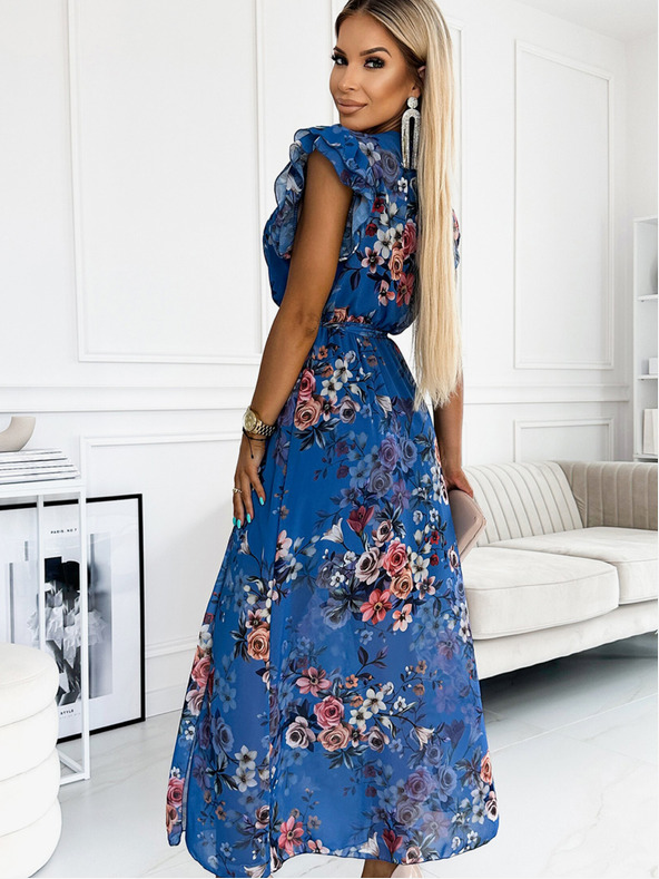 numoco Dlouhé šaty s výstřihem a krátkým rukávem - modré s květinami Numoco ARIA