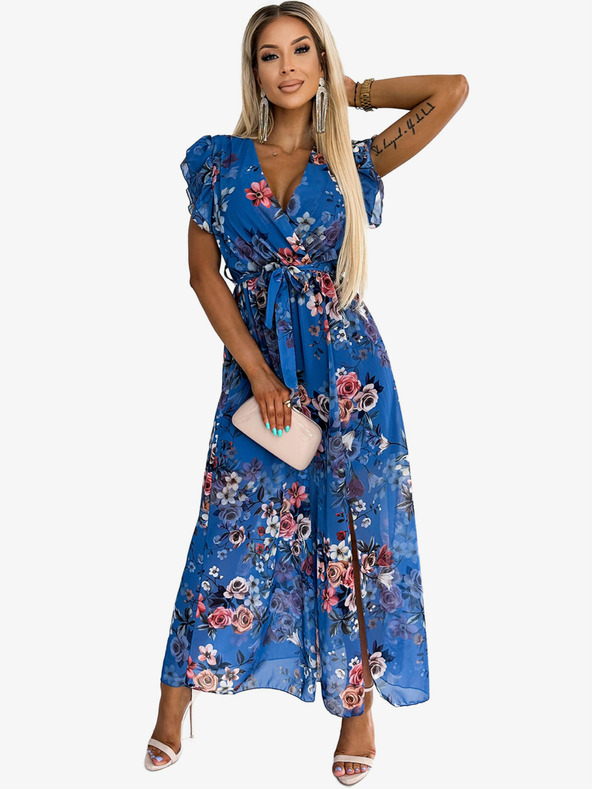 numoco Dlouhé šaty s výstřihem a krátkým rukávem - modré s květinami Numoco ARIA