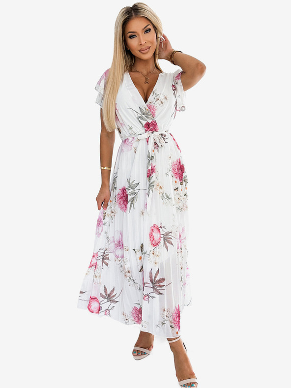 numoco Plisované midi šaty s výstřihem a volány - jarní květiny na bílém pozadí Numoco LISA