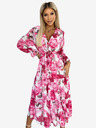 numoco Midi šaty s výstřihem a páskem - růžové růže na bílém podkladu Numoco VALENTINA