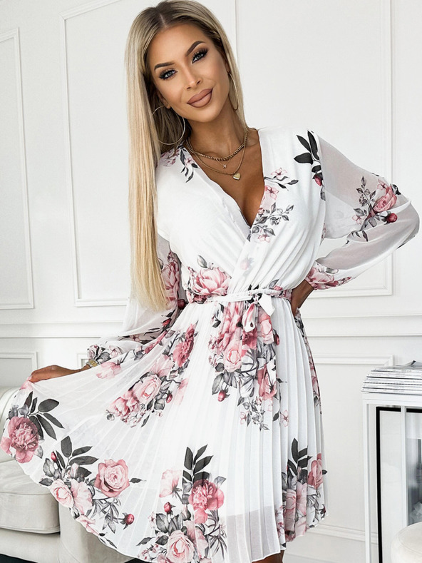 numoco Plisované šaty s výstřihem, dlouhým rukávem a páskem - bílá s růžemi Numoco YSABELv