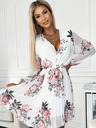 numoco Plisované šaty s výstřihem, dlouhým rukávem a páskem - bílá s růžemi Numoco YSABELv