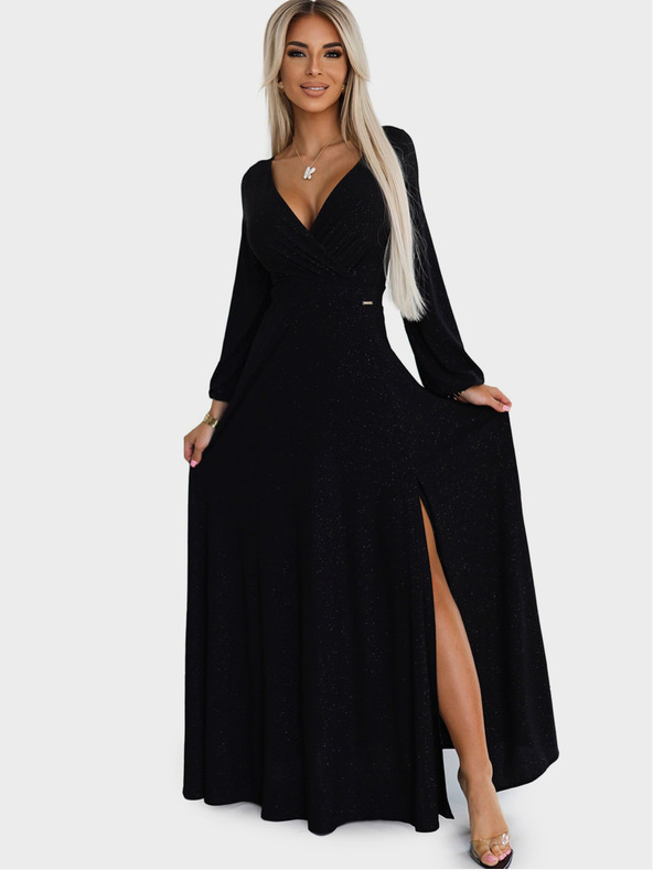 numoco Lesklé dlouhé šaty s výstřihem a dlouhými rukávy - černé Numoco NELA
