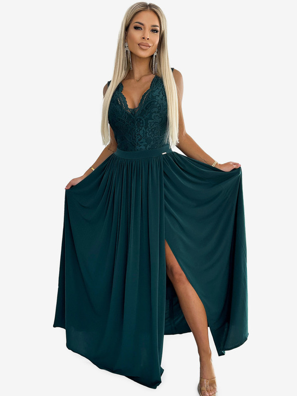 numoco Dlouhé šaty s krajkovým výstřihem - zelené Numoco LEA