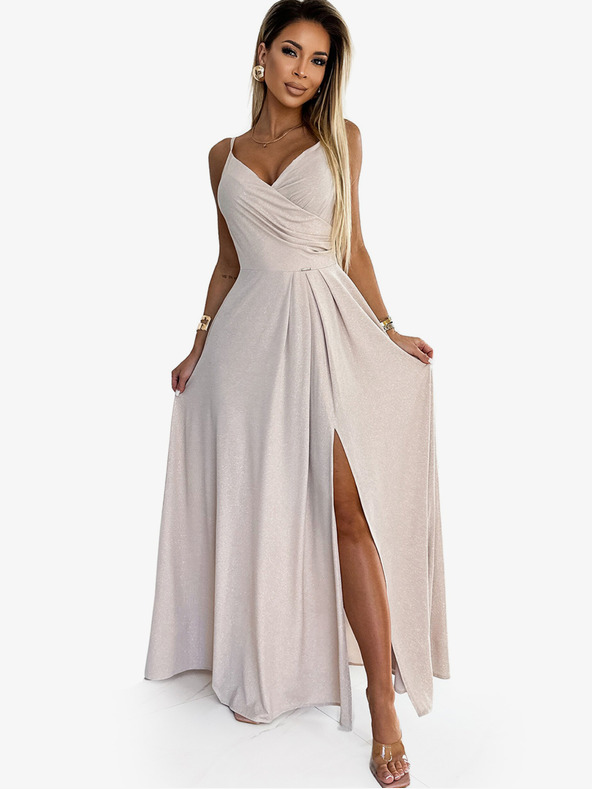 numoco Elegantní maxi šaty na ramínka - béžová se třpytkami Numoco CHIARA