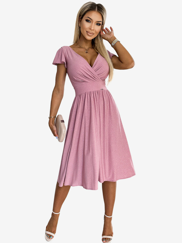 numoco Šaty s výstřihem a krátkým rukávem - pudrově růžová se třpytkami Numoco MATILDE