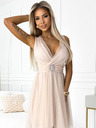 numoco Tylové šaty s výstřihem a ozdobnou sponou - béžové Numoco OLGA