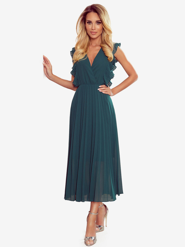 numoco Plisované šaty s volánky a výstřihem - zelené Numoco EMILY