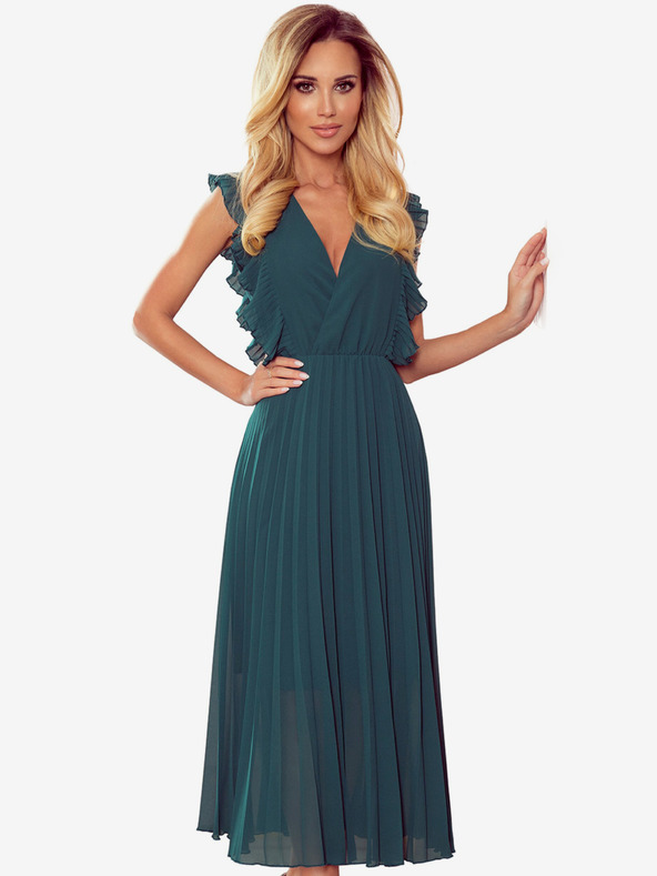 numoco Plisované šaty s volánky a výstřihem - zelené Numoco EMILY