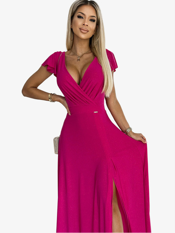 numoco Třpytivé dlouhé šaty s výstřihem - fuchsiové Numoco CRYSTAL