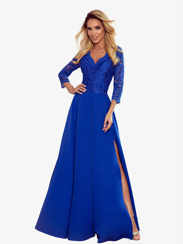numoco Elegantní krajkové dlouhé šaty s výstřihem - modré Numoco AMBER