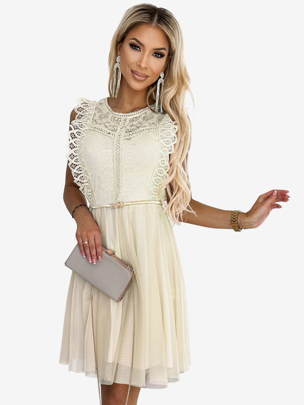 numoco Šaty s krajkou a zlatým páskem - béžové Numoco GRETA