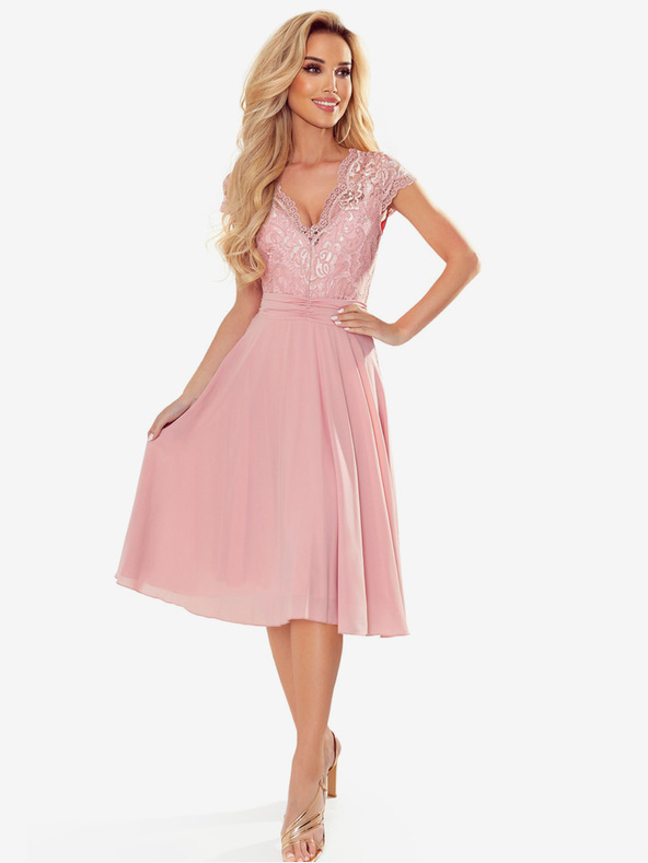 numoco Šifonové šaty s krajkovým výstřihem - špinavě růžové Numoco LINDA