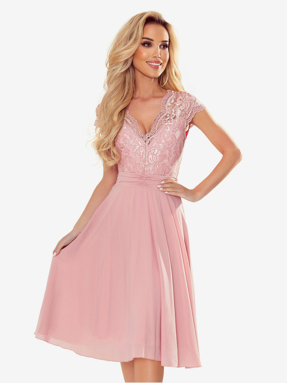 numoco Šifonové šaty s krajkovým výstřihem - špinavě růžové Numoco LINDA