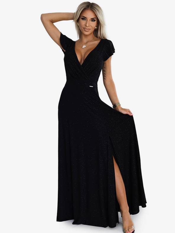 numoco Třpytivé dlouhé šaty s výstřihem - černé Numoco CRYSTAL