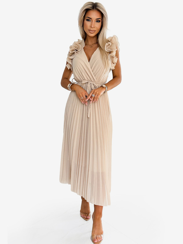 numoco Plisované šifonové midi šaty s výstřihem a jemnými volánky - béžové Numoco MIRABELLA