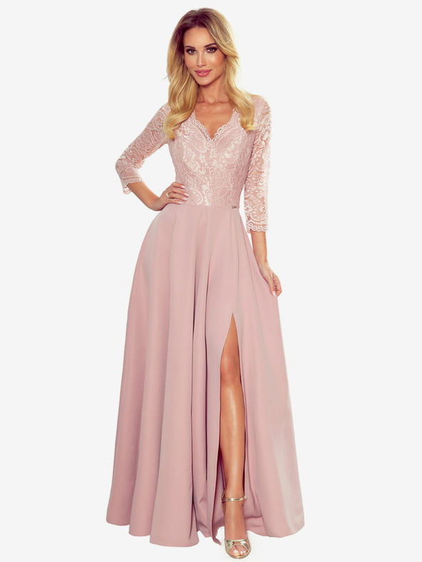 numoco Elegantní krajkové dlouhé šaty s výstřihem - špinavě růžové Numoco AMBER