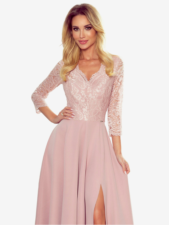 numoco Elegantní krajkové dlouhé šaty s výstřihem - špinavě růžové Numoco AMBER