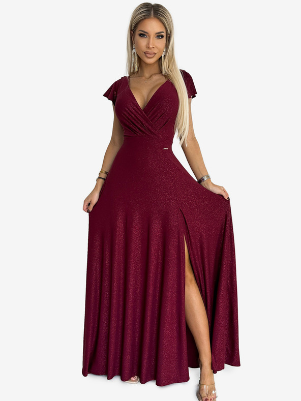 numoco Třpytivé dlouhé šaty s výstřihem - Vínová barva Numoco CRYSTAL