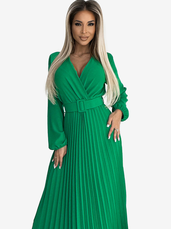 numoco Plisované midi šaty s výstřihem, dlouhým rukávem a širokým páskem - světle zelená Numoco VIVIANA